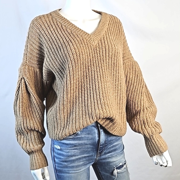 Madewell Sweaters - Madewell Wool Silk Blend Chunky Knit Tan Pleat Sleeve Pullover Sweater